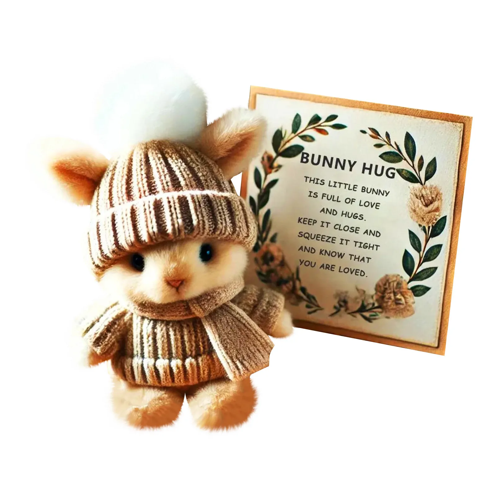 Mini Bunny Hug Cute Easter Gift Bunny Stuffed Animal Sets Plush Pocket Hug Rabbit with Knitted Hat and Pom Pom With Box Card