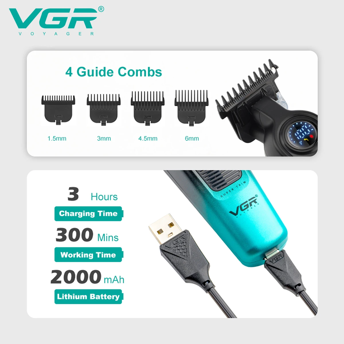 VGR Hair Trimmer Professional Clippers Barber Cordless Clippers Electric Hair Cutting Machine LED Trimmer for Men V-996 V-196