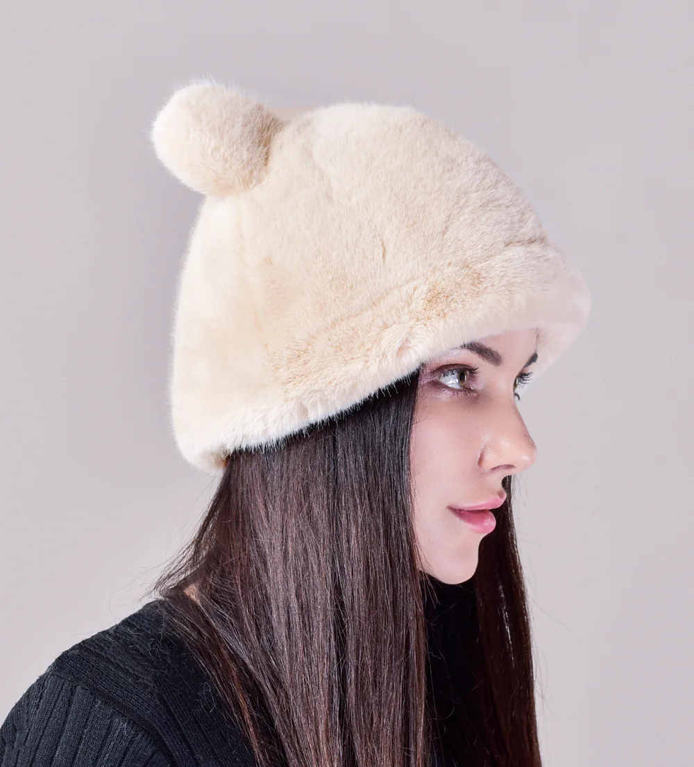 Winter Women\'s Bear Plush Hat Cute Thickened Warm Imitation Mink Hat Cold Protective Ear Cap Fashion Fur Hat Cat Ears Cotton Cap