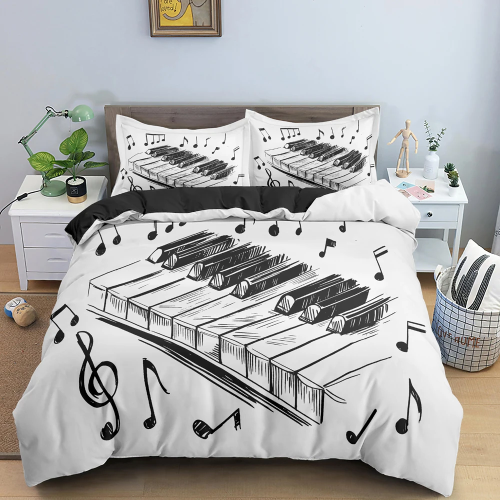 

Piano Music King Queen Duvet Cover Musical Notes Bedding Set For Kids Teens Girls Black And White Piano Keys 2/3pcs Quilt Cover