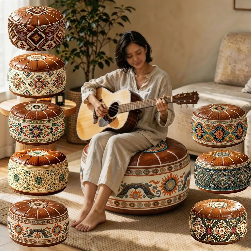 PU Leather Round Ottoman Stool Fillable Geometric Bird Pattern Storage Ottoman Pouf Vintage Style Round Shape Padded Seat