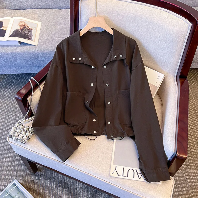 

Coffee Color White Korean Casual Short Cowboy Outerwear Spring Autumn Denim Jacket Stand-Up Collar Long Sleeve Jeans Jackets