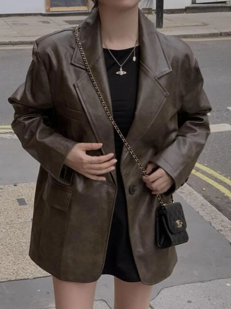 Elegante Giacca in Ecopelle Marrone Autunno Inverno, Cappotto Retrò Americano alla Moda per Donna, Vestibilità Regolare, Stile Urbano