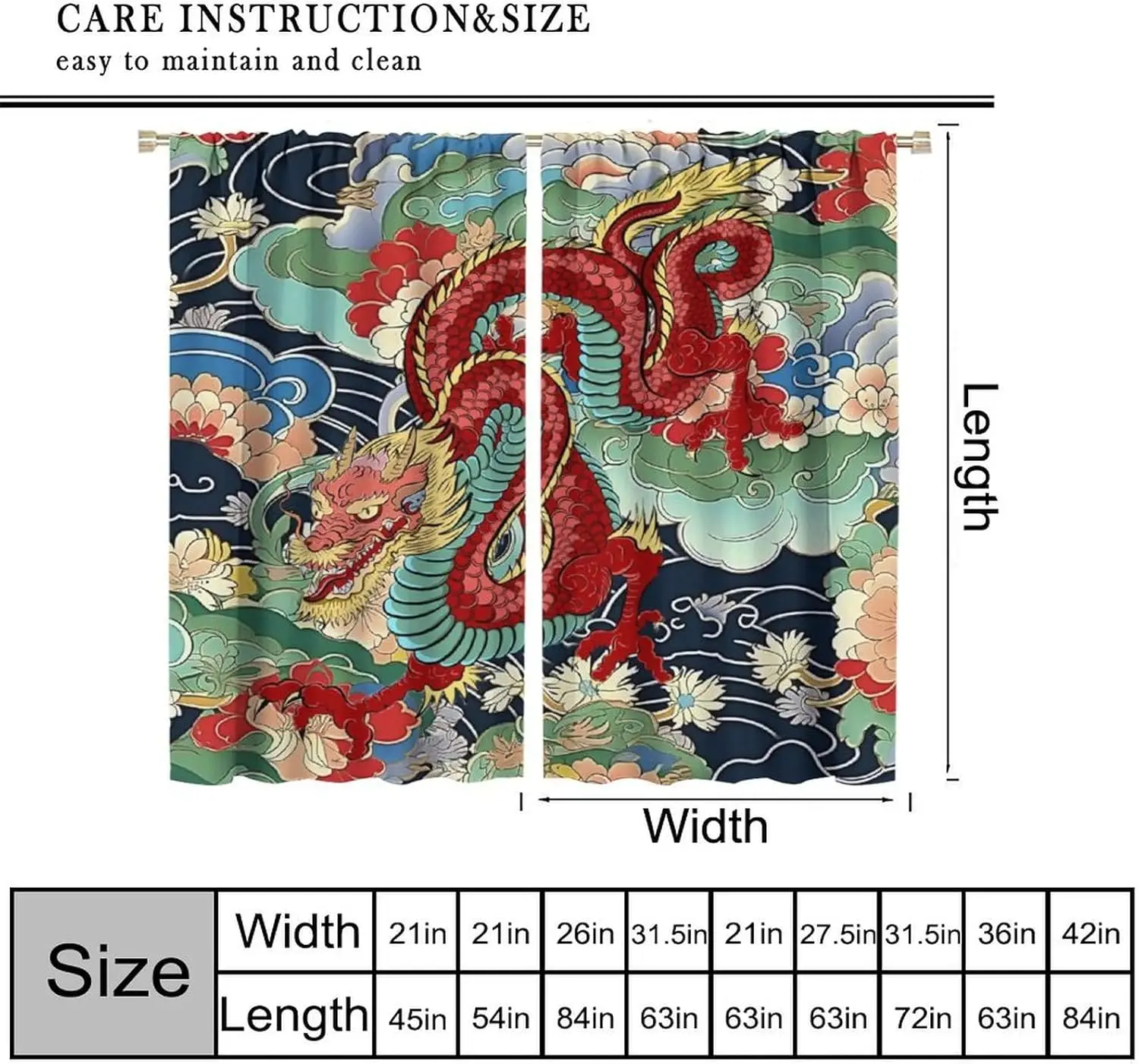 Japanese Dragon Curtain,Japanese Style Aesthetic Pretty Elegant Floral Watercolor Window Decorative for Bedroom Living Room Home