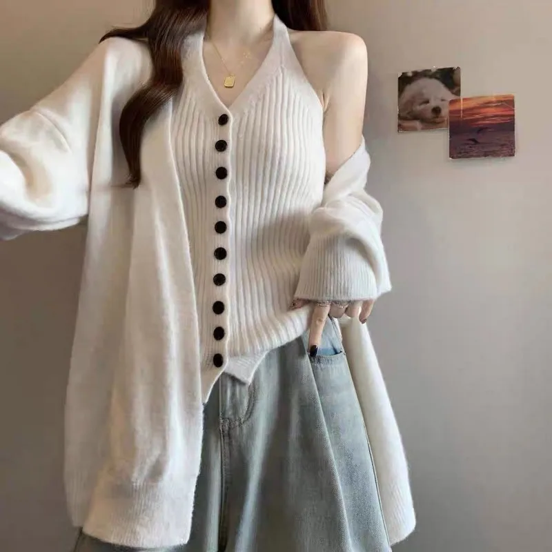 Giacca maglione allentata ispessita stile pigro Canotta lavorata a maglia autunno e inverno da donna Top in due pezzi