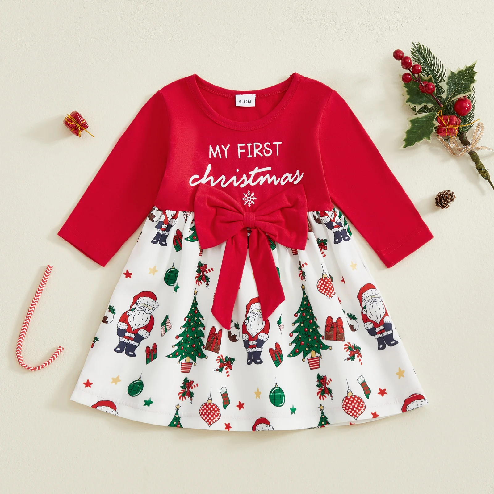 

VISgogo 0-18 Months Toddler Girl Christmas Dress Long Sleeve Round Neck Bow Front Loose Dress Holiday Outfit
