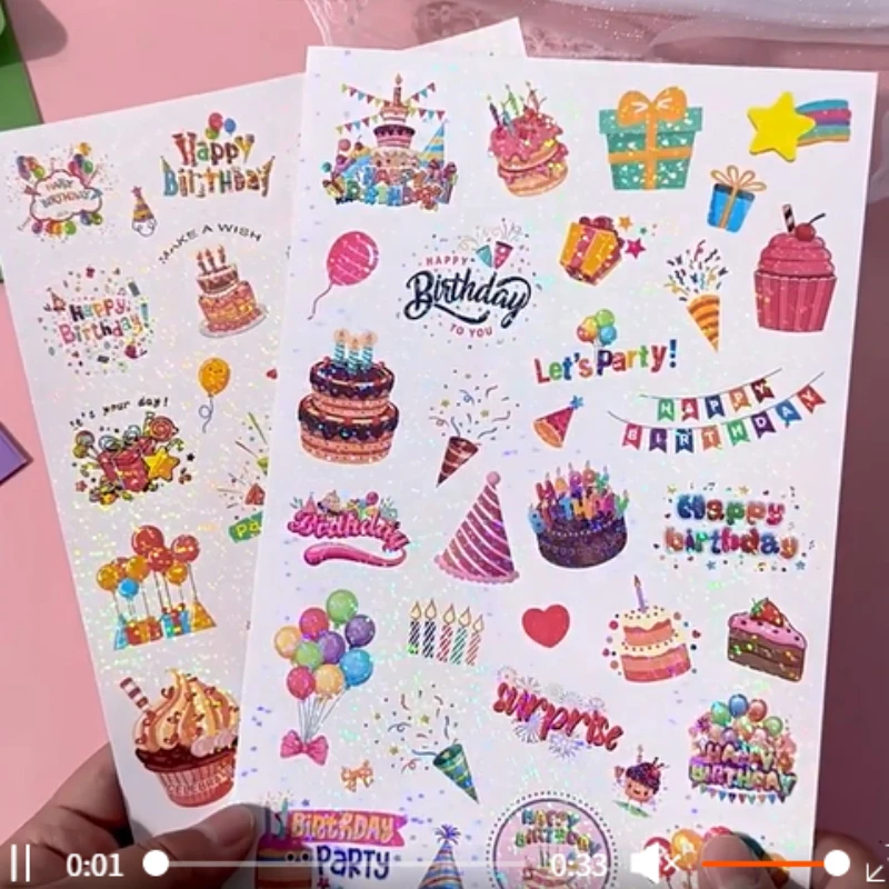 

2Pcs Shining Laser Film Birthday Theme Stickers Cake Ribbon Gift Box DIY Decal for Scrapbook Journal Stationery Cup Decoration