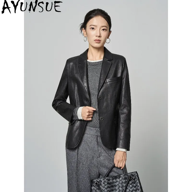 AYUNSUE Grade A Stretch Sheepskin Leather Jacket Woman Elegant Commute Black Jackets for Woman 2026 Outerwears Woman Clothes 코트