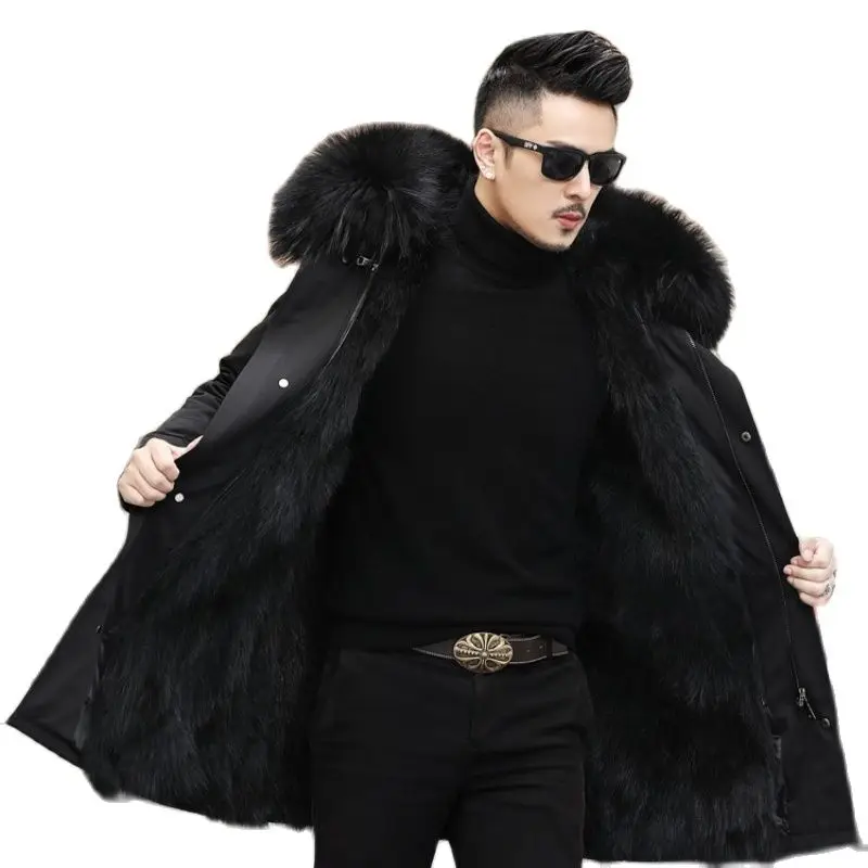 2023 Fashionable winter men's jacket Long natural raccoon fur coat Detachable waterproof parka