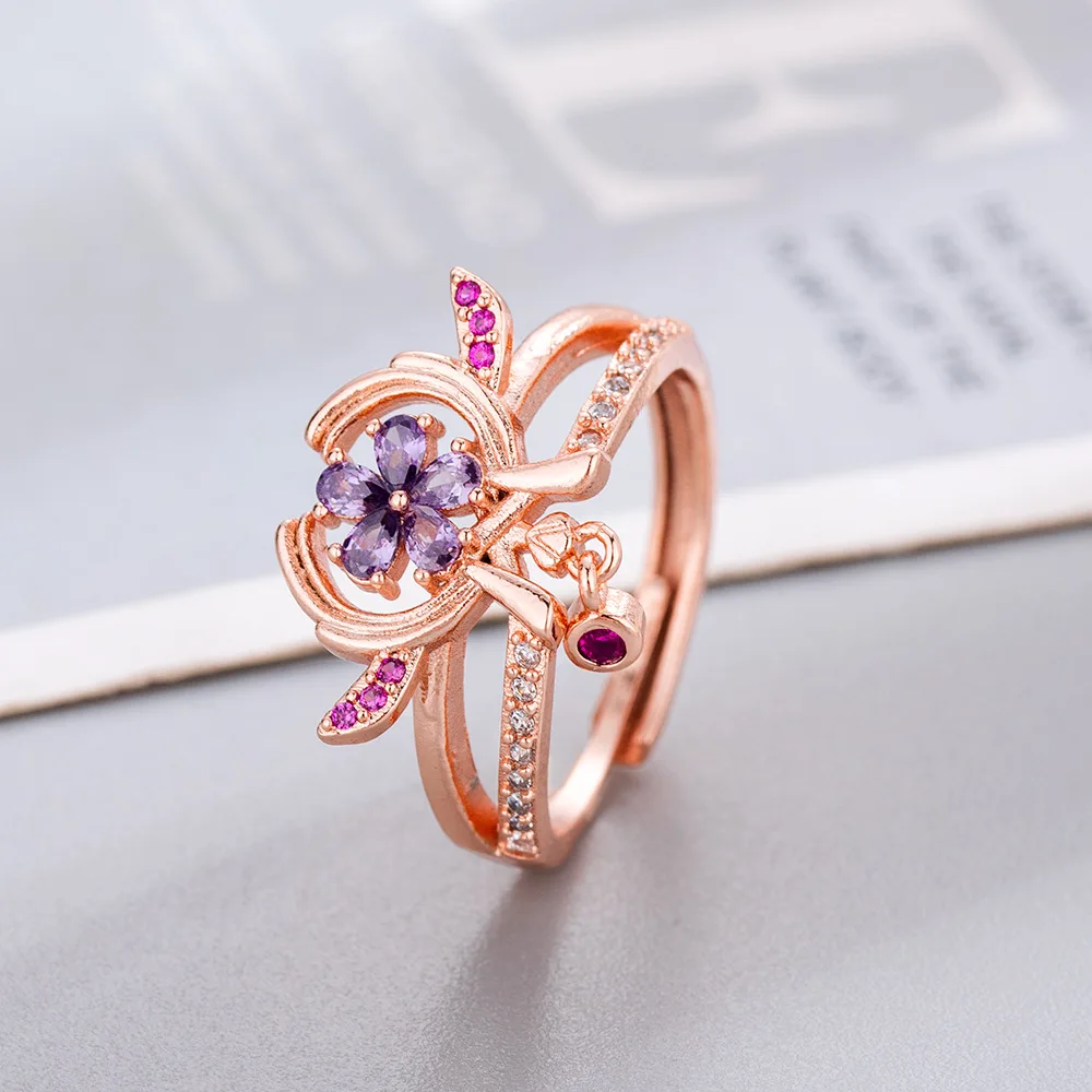 Yae Miko Rhinestone Flower Ring Luxury Rose Gold Adjustable Opening Ring Electroplate Simple Finger Opening Ring Female