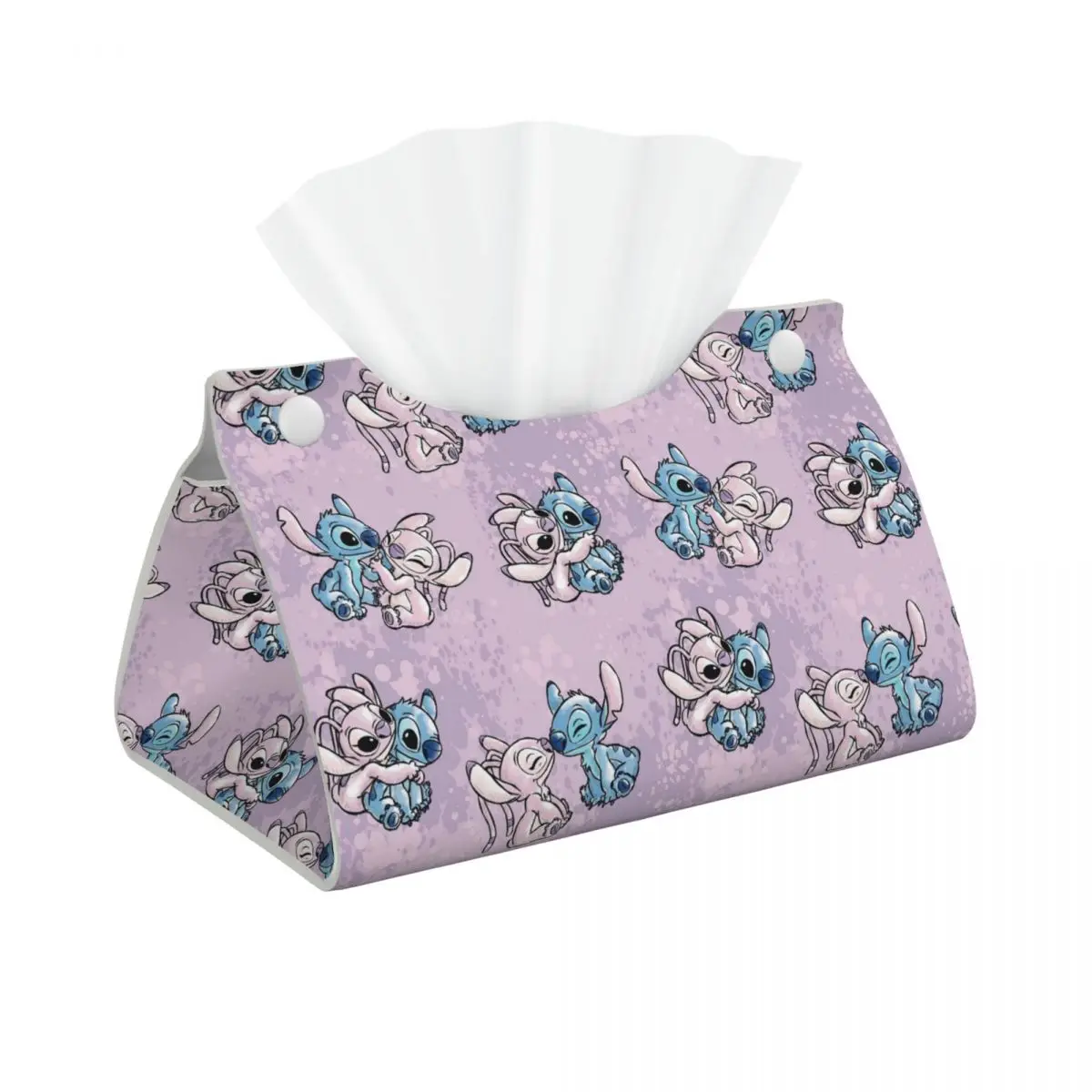 Custom Watercolor Lilo Stitch Angel Tissue Box Holder Rectangular Animated PU Leather Facial Tissue Box Cover for Car Home