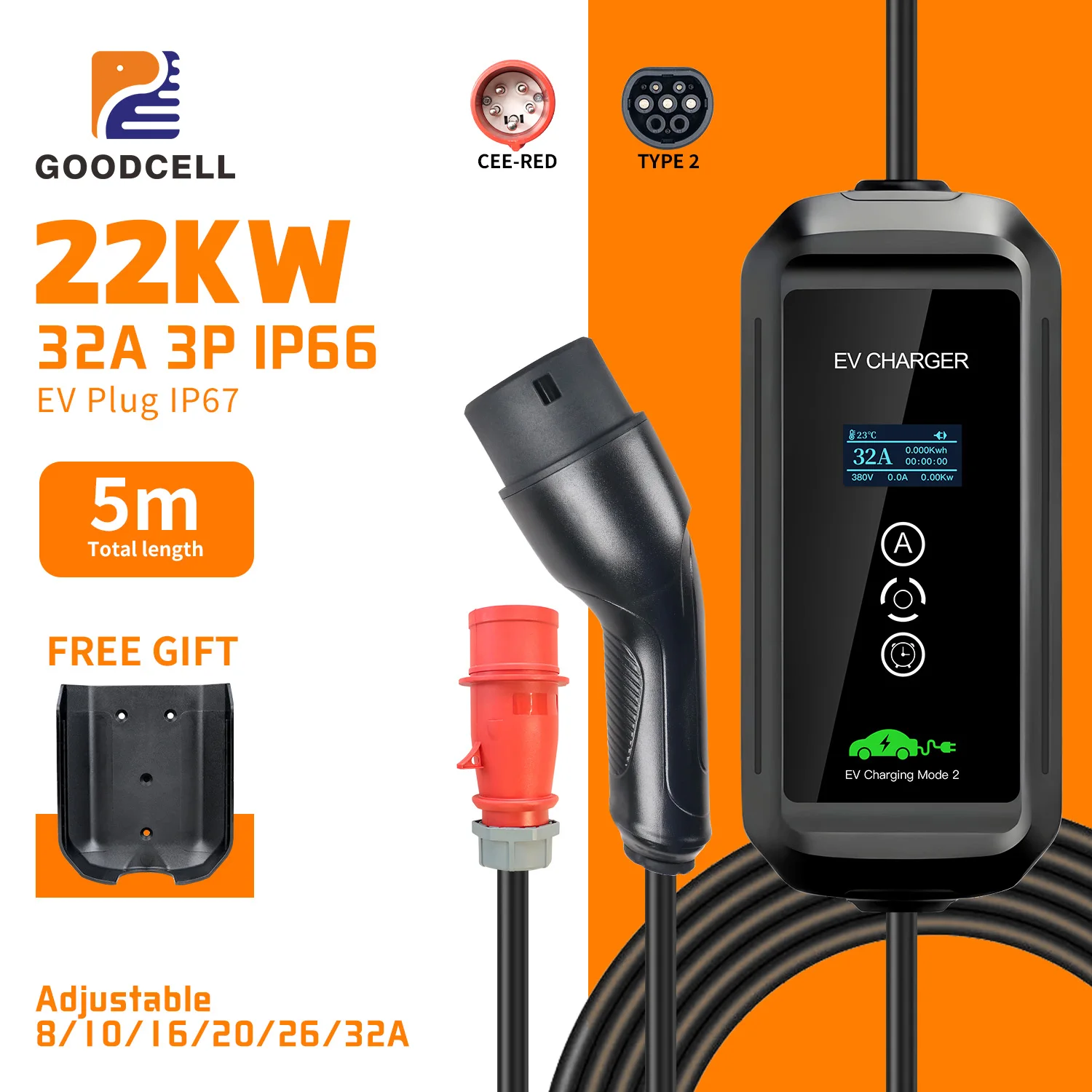 

GOODCELL Electric Vehicle Car Charger EVSE Wallbox 32A 22KW Power Plug 5m Charging Box Plug 3Phase Type2 EV Portable Charger