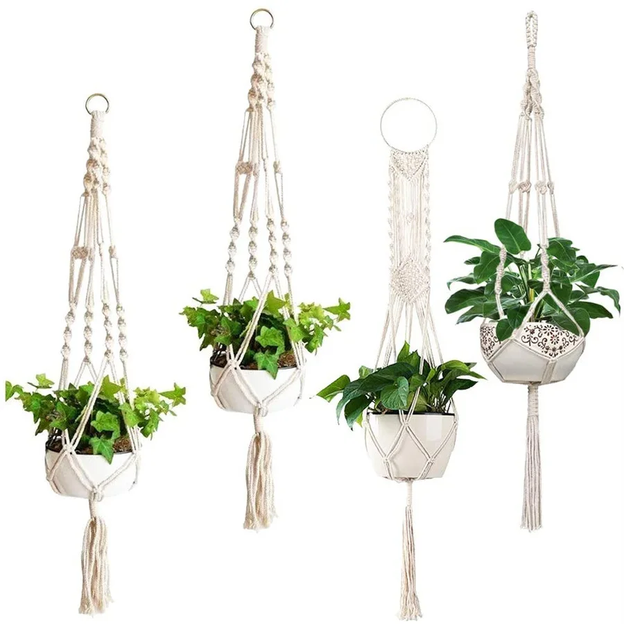 4pcs Plant Hanging Basket  Pot Net Pocket Set Cotton Twisted Rope Woven Flower Pot Hanging Rope Hanging Net Pocket Flower Pot