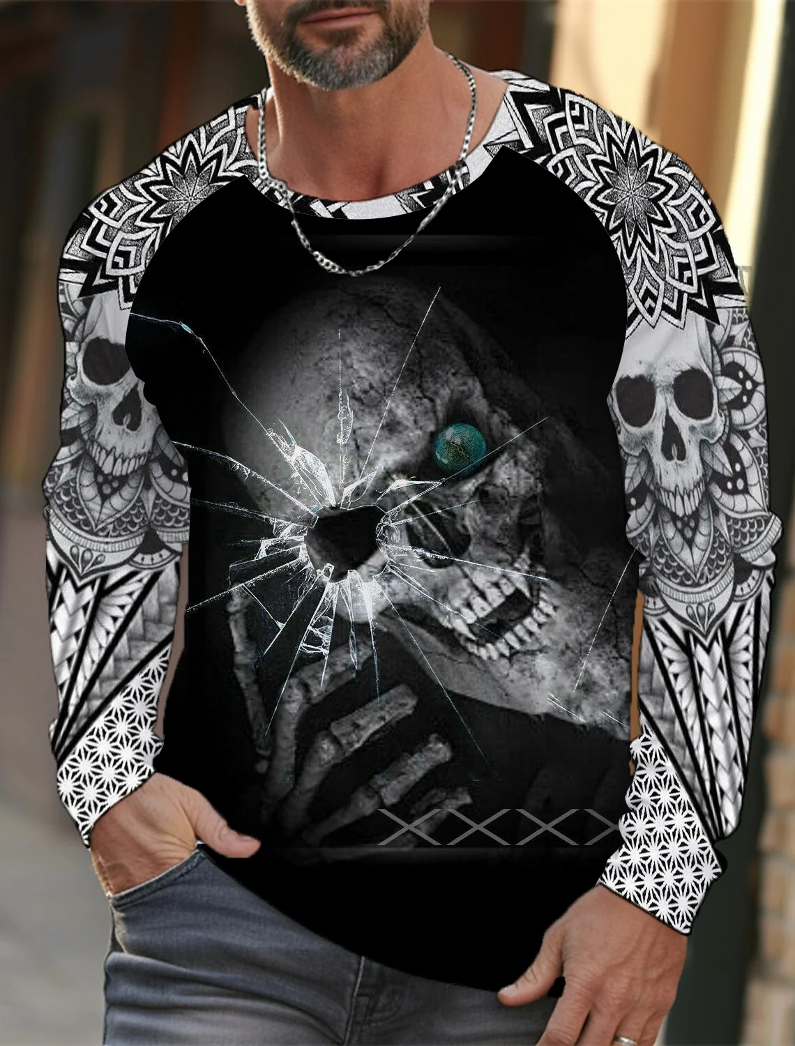 Men's long-sleeved T-shirt 3D printed high-definition skull stitching printing men's autumn tops casual round neck home clothes