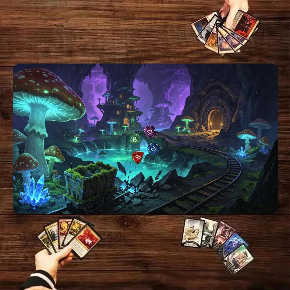 Glowing Giant Mushroom Underground Cave TCG Play Mat Volcano Scene Trading Card Game Desk Mat Non‑Slip Rubber Mouse Pad