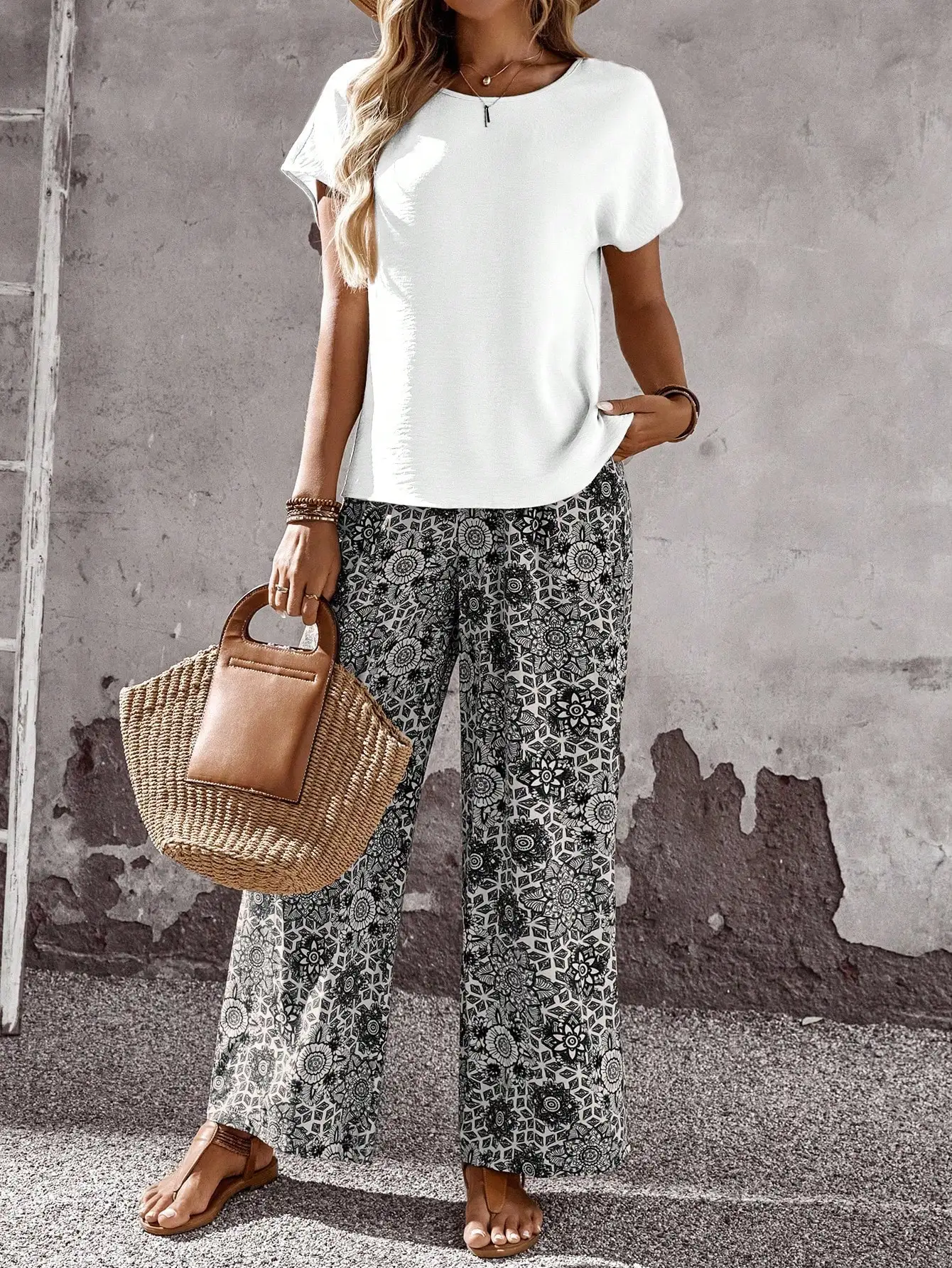 

Women's Boho Two Piece Set White Top Floral Wide Leg Pants Casual Outfit