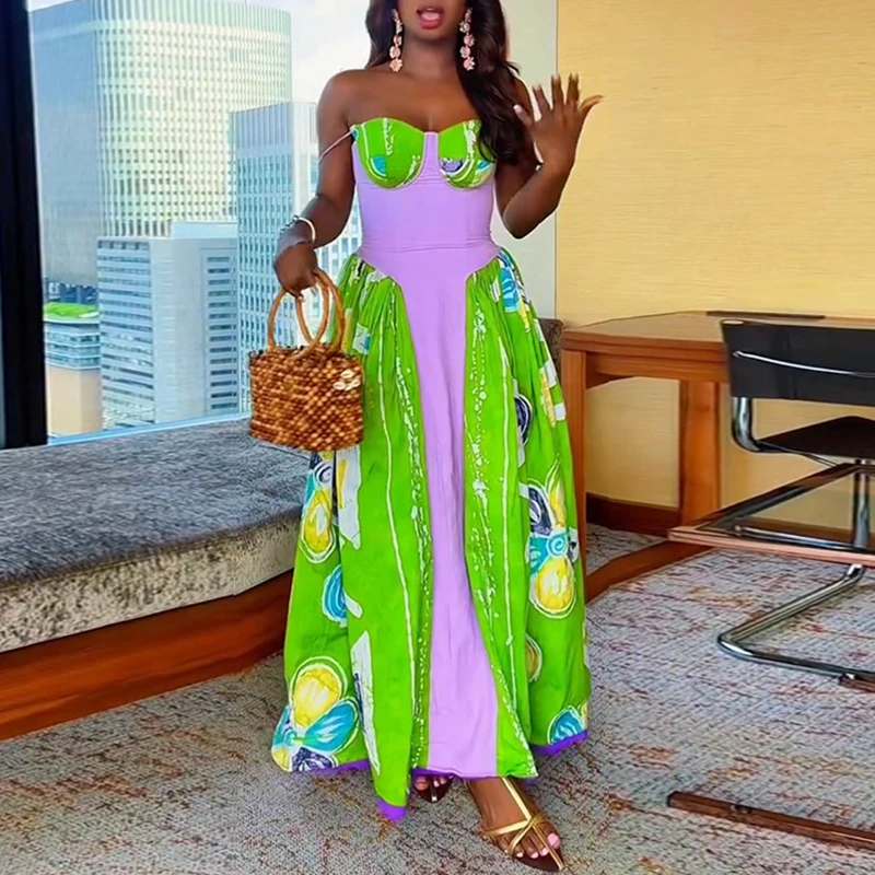 Sexy Sleeveless V-neck Draped Party Dress Fashion Multi Color Print Holiday Dress Women Elegant Strapless Hight Waist Long Dress