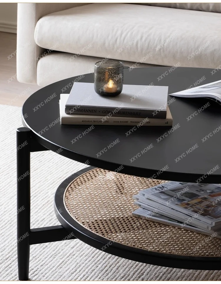 LRetro solid wood coffee table round rattan movable living room casual simple modern small apartment