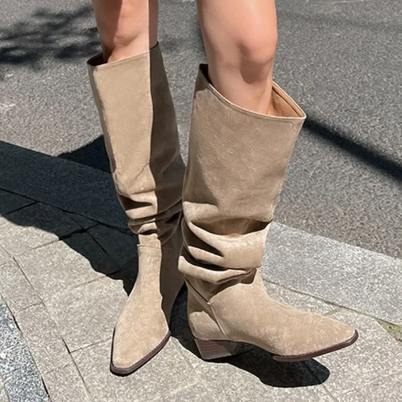 Classics Women's Boots Mid Calf Flock 2023 Fashionable Simple Retro Folded Wide Tube Pants Boot Square Heel Women Shoes Apricot