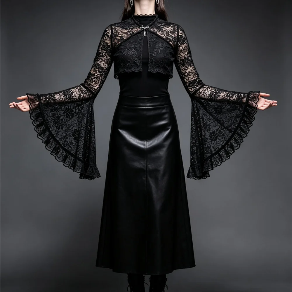 Women Chic Gothic Hollow Out Crop Top Lace Smock With False Collar Flare Sleeves Elegant Top For Party Evening Occasions