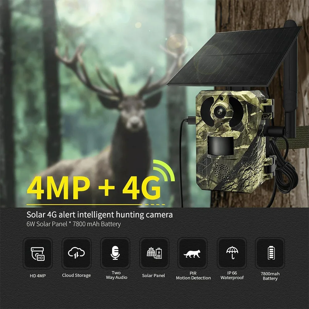 European Band 4G 2K 4MP PIR Motion Activated 0.2s Trigger Time Night Vision IP66 Hunting Trail Wildlife Battery Solar Camera