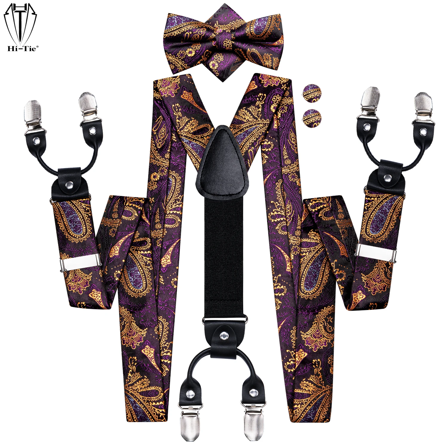 Hi-Tie Vintage Silk Purple Gold Paisley Mens Suspenders Bow tie Hanky Cufflinks Set Adjustable 6 Clips Y Back Braces for Male