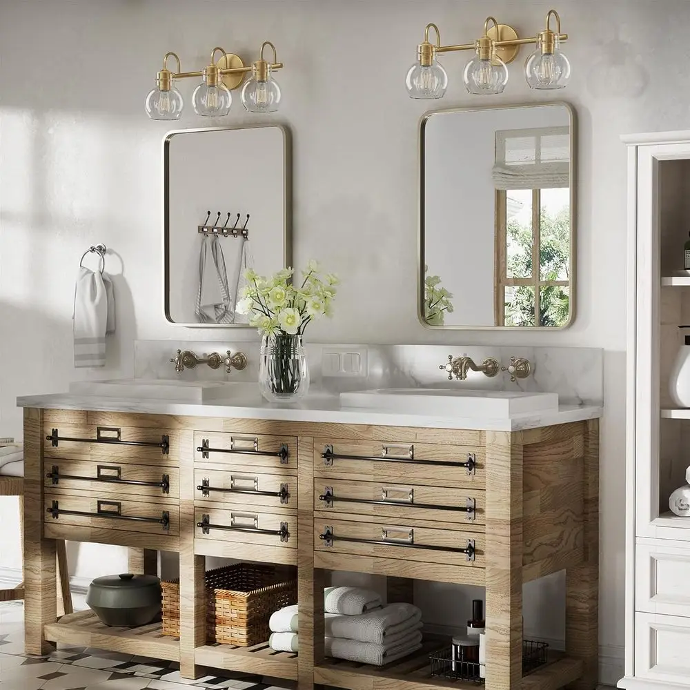 Современный туалетный столик из прозрачного стекла с 3 лампами и золотыми бра для ванной комнаты, основание E26