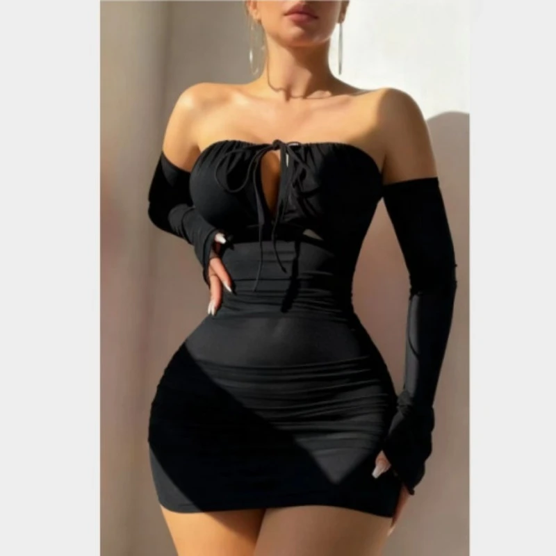 Sexy Transparent Tight Dress Fashionable Lace Up Fun Sleeping Skirt with Gloves Women's Pajamas Dress Chest Hugging Nightgown