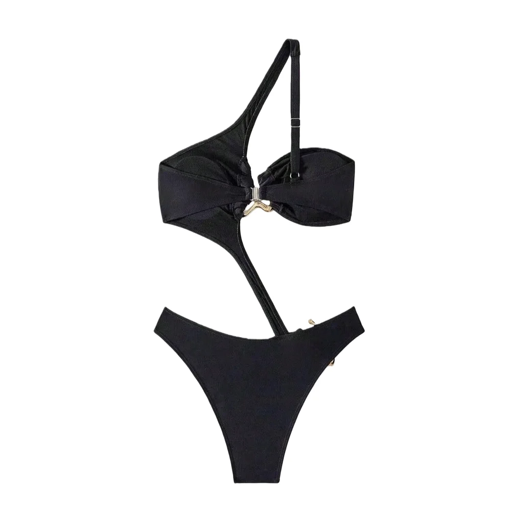 ชุดว่ายน้ำวันพีซแบบเปิดไหล่ข้างเดียวสุดเซ็กซี่สำหรับผู้หญิง สีดำ ชุดว่ายน้ำเปิดหลังประดับด้วยโลหะสีทองสำหรับวันหยุดพักผ่อนที่ชายหาด