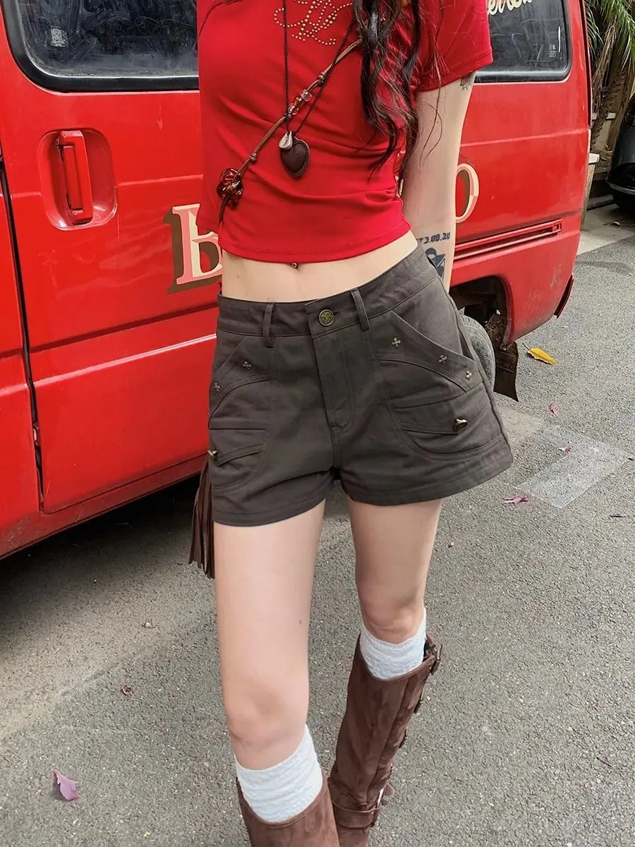 Gray-green Button-down Shorts Women's 2026 Summer New American Spice Girl Style Denim Hot Pants