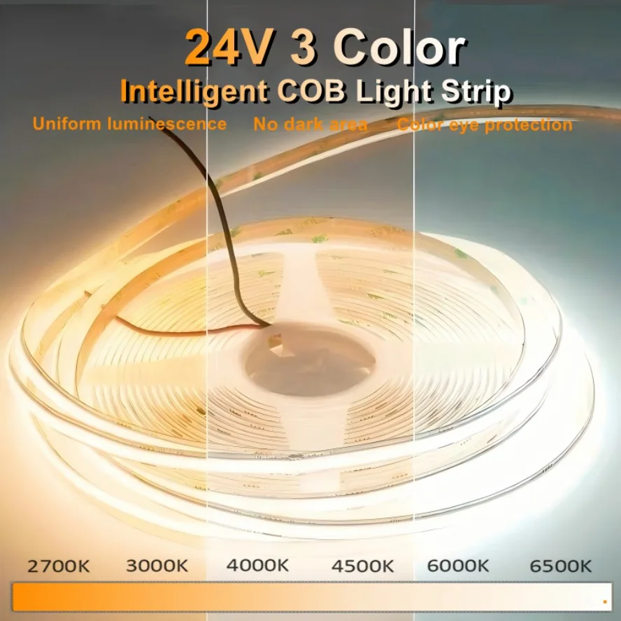 

Tri Color Dimming 10m 24V COB LED Strip Light 480 LEDs/m 8mm Width High Density Flexible RA95 Light Strip for TV Wall Decoration