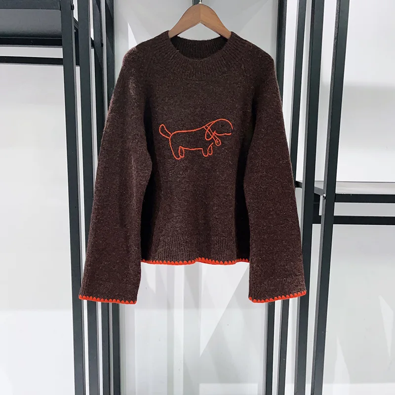 

【Gift Free】2025 Autumn Winter French Niche Cute Cartoon Puppy Round Neck Color-Trim Pullover Sweater for Women