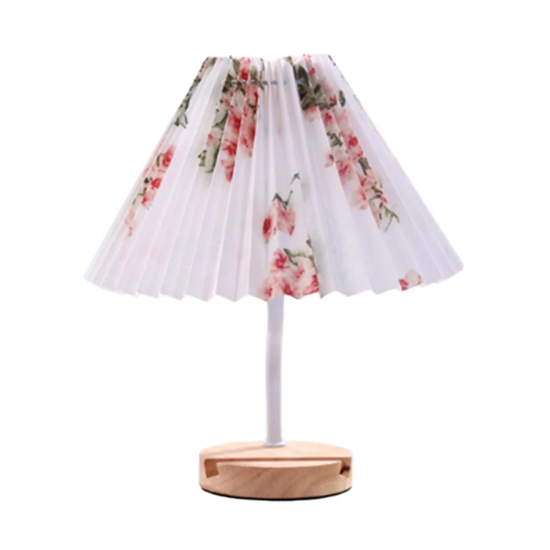 

A07F-Three-Color Bedroom Sleep Lamp USB Vintage Pleated Fabric Table Lamps Wooden Base Table Lamp With Bracket Groove