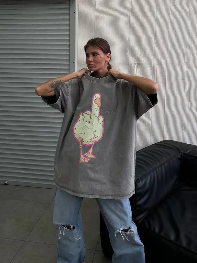 High Quality Summer Cute Duck Graphic Tee Vintage Washed Cotton T-Shirt Women Oversize Loose Casual Short Sleeve O-neck Top