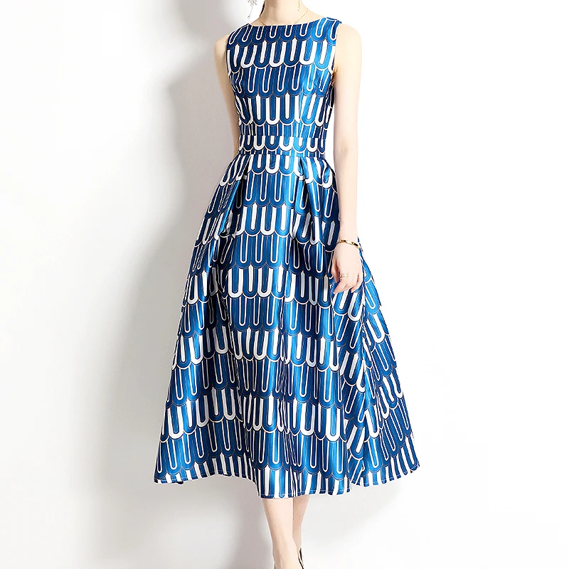 

Trend Designer Chic Print New Elegant Sleeveless Long Dress Women's Printed Dress Party Retro Swing Dresses Female SL125