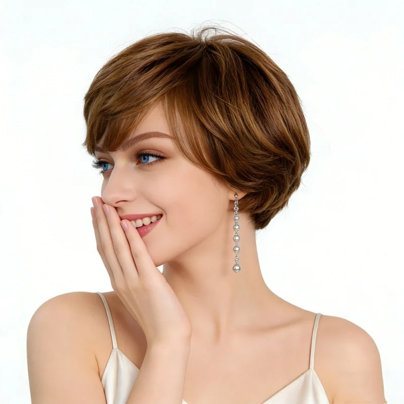 Hair Extensions Synthetic Fashion Elegant Cool Brown Women Wigs Daily Use Breathable Head Cover Ladies Female Short Wig Hat