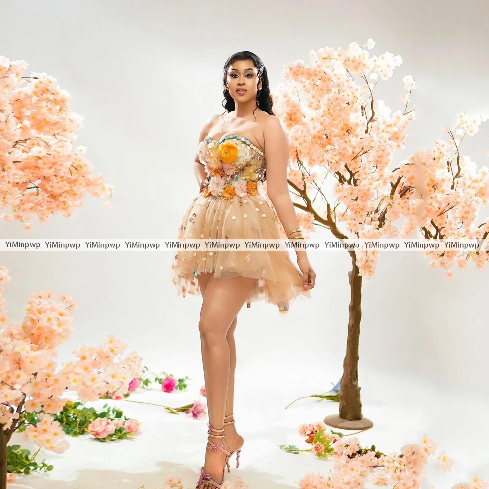 

Flowers Birthday Party Dress For African Women Applique Pastrol Mini Champagne Homecoming Dress Lace Up Backless Customized