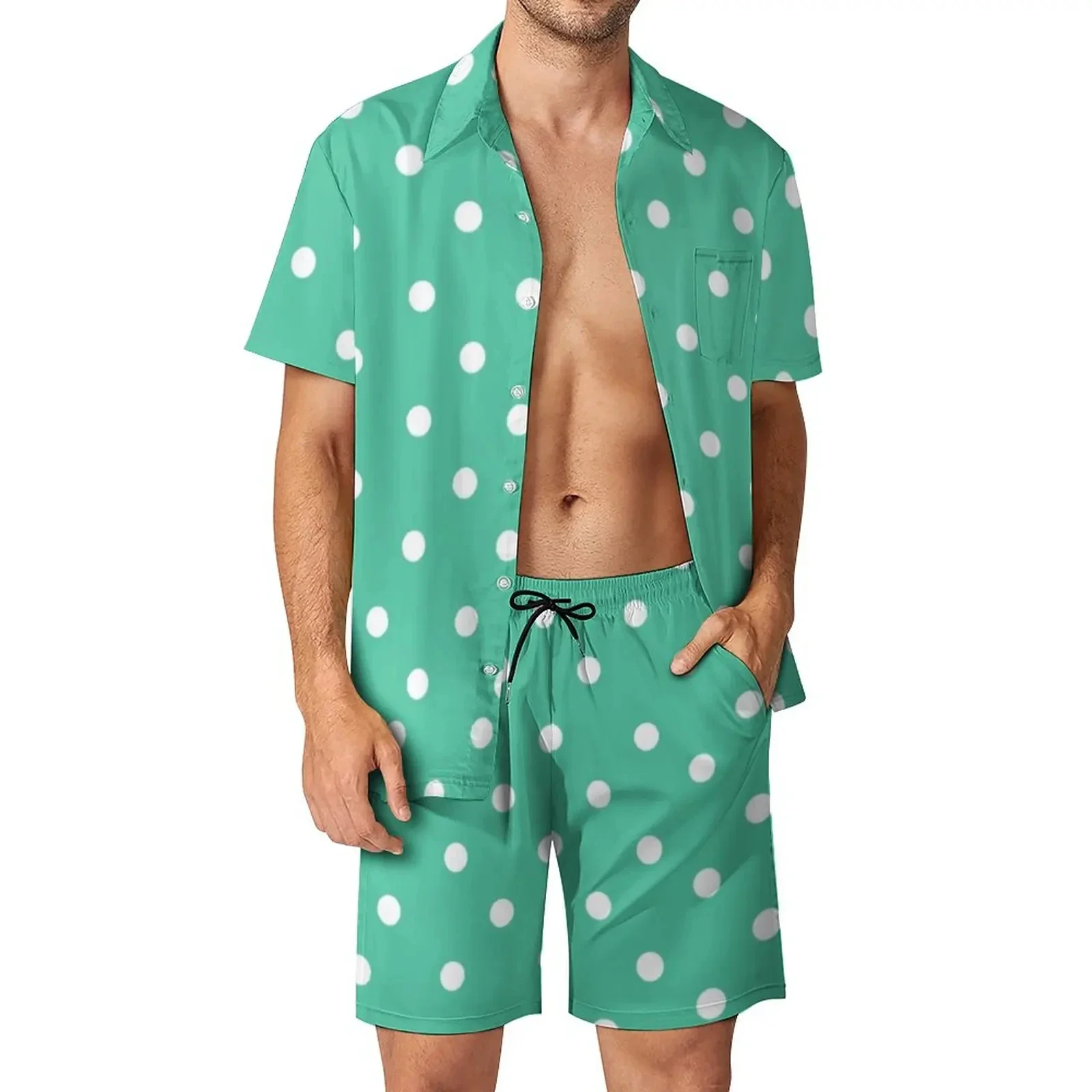 Conjunto de camisa con estampado 3D para hombre, camisa hawaiana de lunares (sin bolsillos) y pantalones cortos, solapa Simple, fresca e informal, verano, nuevo