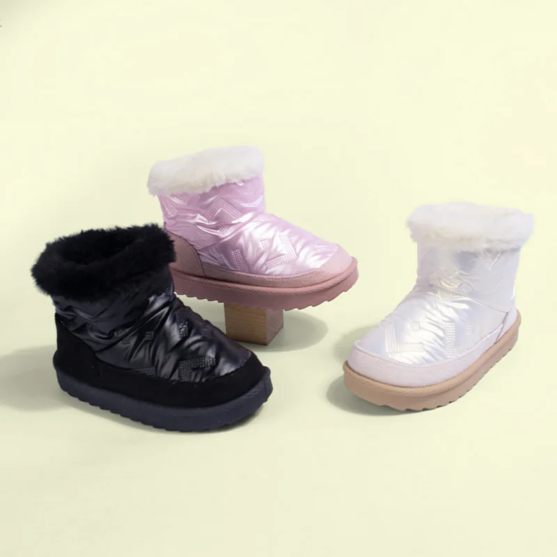 

Pink Girls' Water-Repellent Snow Boots Furry Cuff Glossy Surface Winter Warm Short Booties for Toddler