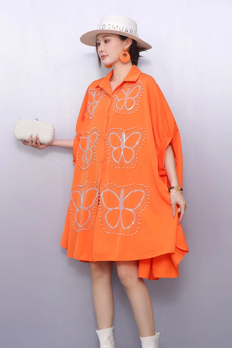 2025 Autumn Winter Elegant Women Casual Loose Butterfly Embroidered Cloak Shirts Short Dresses Female Dress Wholesale J2119