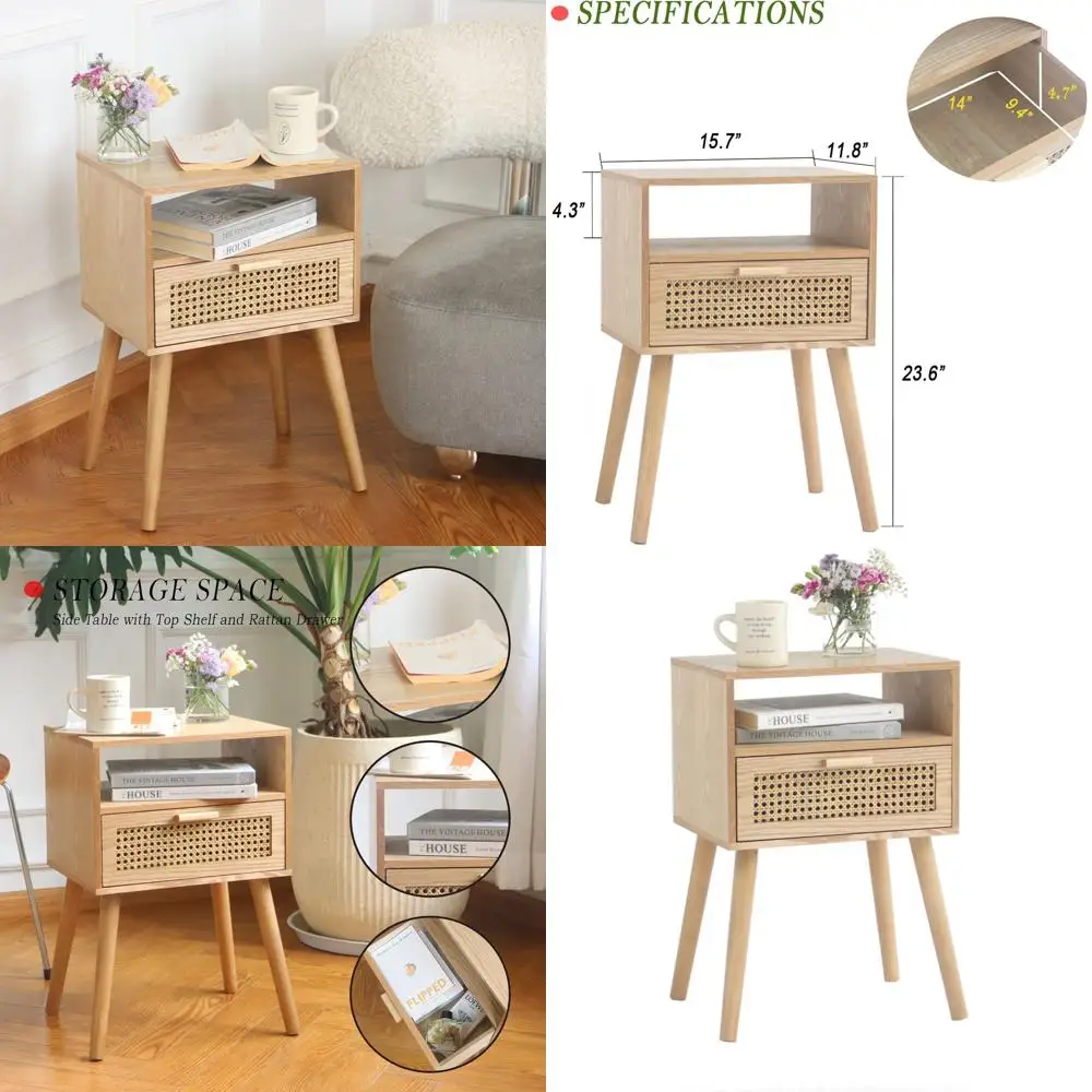 

Walnut Rattan Nightstand with Storage for Living Room, Bedroom, and Small Spaces, Solid Wood Legs, Easy Assembly