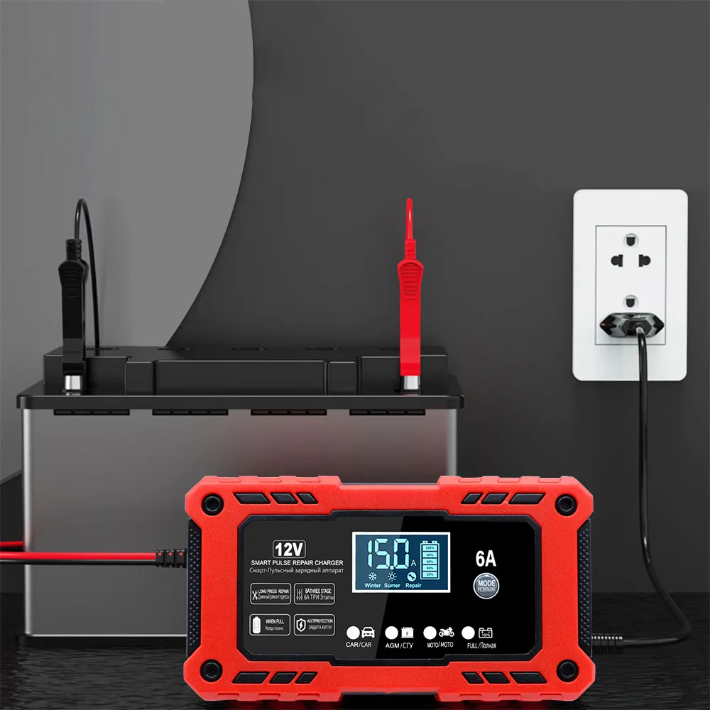 Cargador de batería inteligente de plomo-ácido de 12V y 6A, reparación de pulso inteligente, SUV, carga de batería portátil para coche y motocicleta, mantenimiento de batería