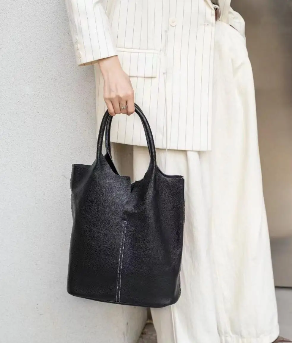 Luxury Bucket Bag for Women Genuine Cow Leather Shoulder Tote Handbag Big Fashion Blue Shopper Ladies Purse