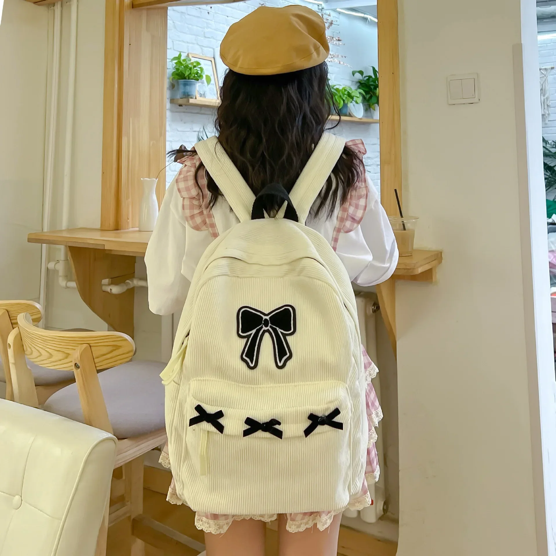 Girls School Backpack Cute Bowknot High School Student Bags White Black Corduroy Shoulders Bag Teenage High-capacity Bookbags