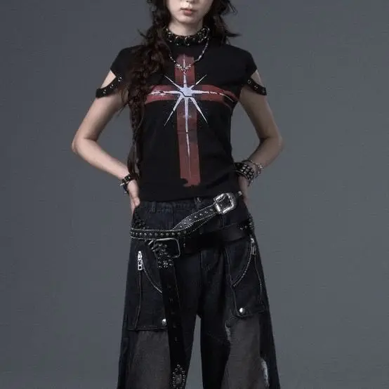 American Street Vintage Cross Printed Crew Neck Short Sleeve T-Shirt Women's Summer Slim Dark Wind Spice Girl Top