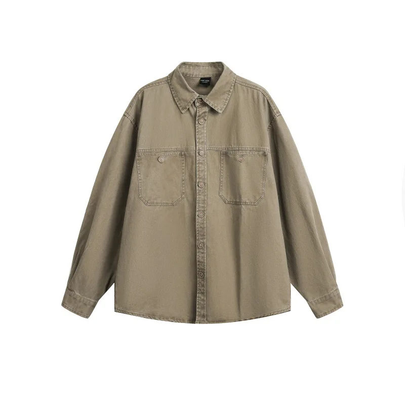 

Heavy-Washed Men's Shirt with Distressed Pockets,Premium Cotton Long Sleeve Mans Shirts, Causal Oversize Clothes for Autumn