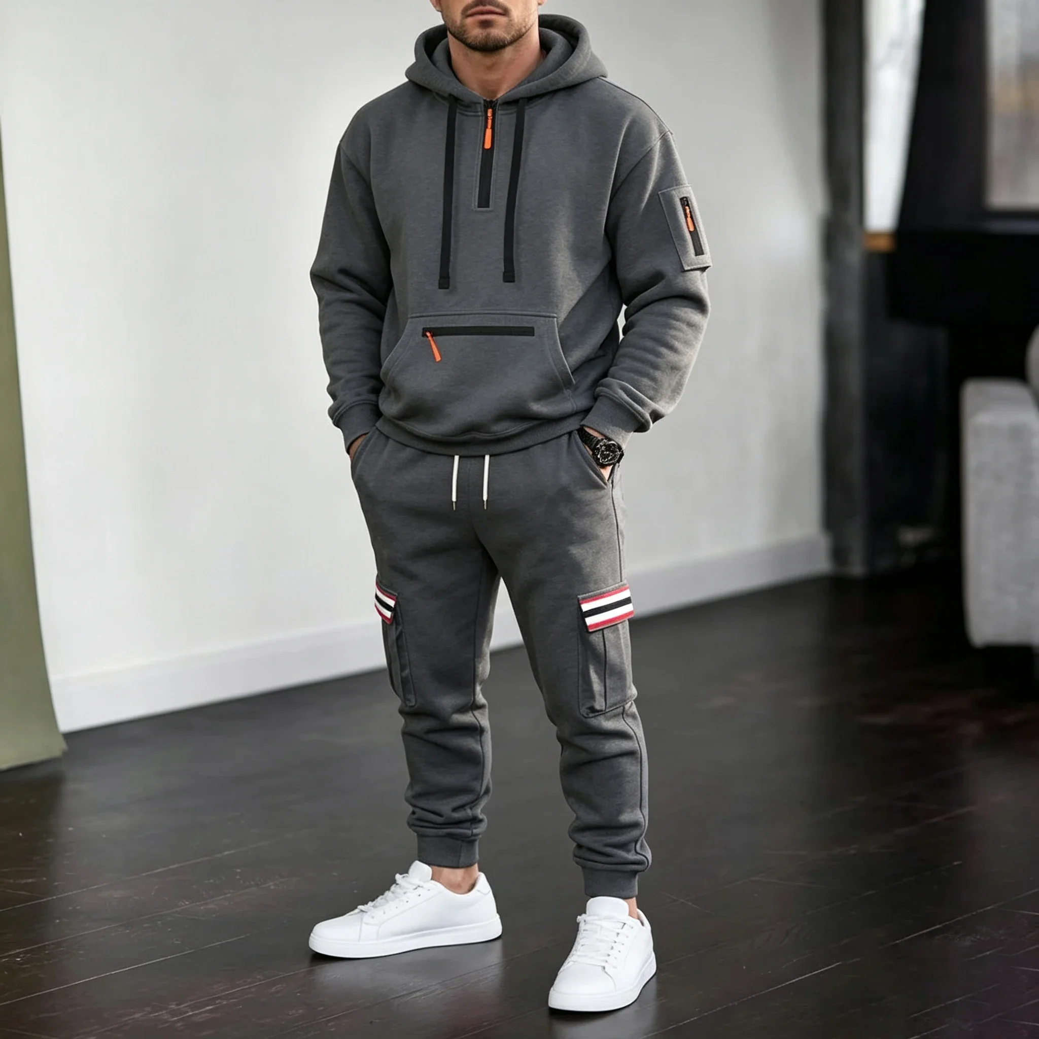 2026 Herren-Schwergewichts-Fleece-Hoodie-Set Herbst Winter Plüsch Arbeitskleidung Lässiger Pullover Passender Trainingsanzug 2-teiliges Outfit – Detail 3