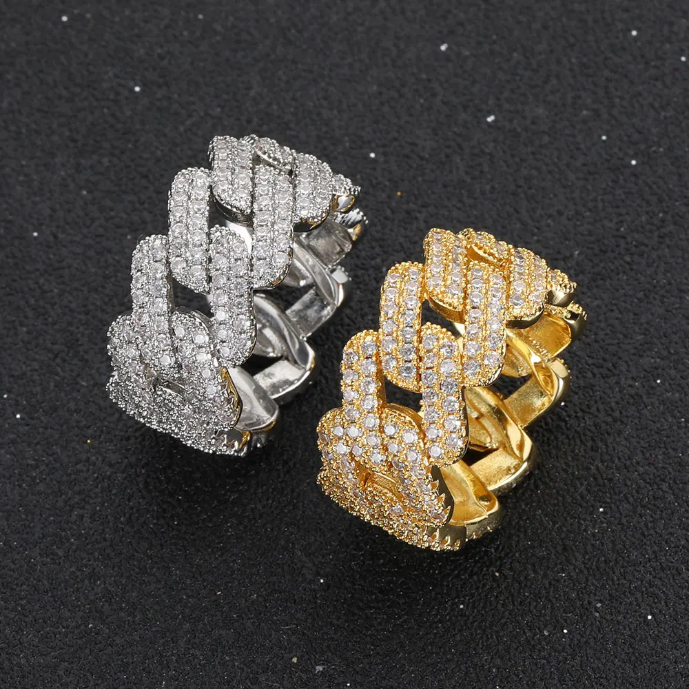 11MM Width Double Row Iced Out  Rhombic Cuban Rings Fashion Hip Hop For Men Bling Cubic Zirconia Jewelry