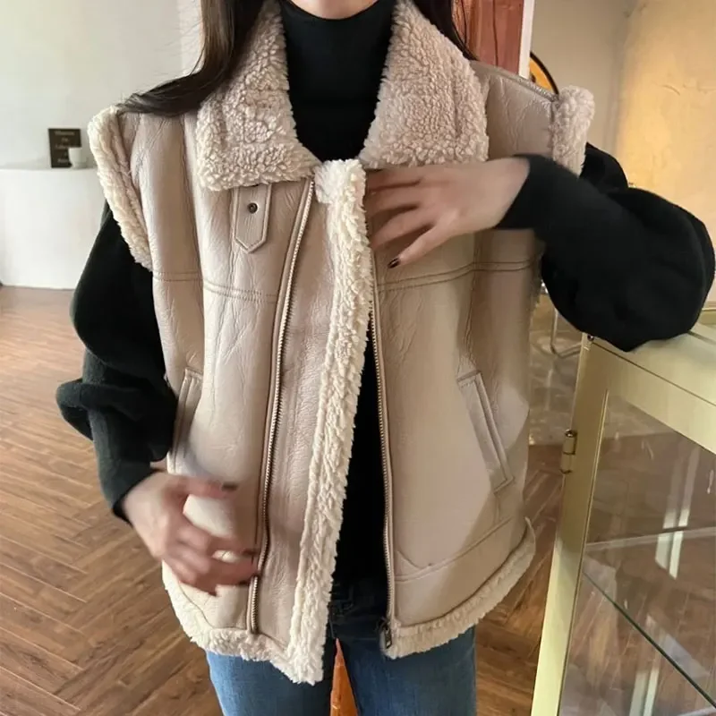 Chaqueta de lana gruesa para mujer, abrigo de cuero elegante sin mangas con cremallera, traje de cuello vuelto coreano, color caqui, Otoño e Invierno