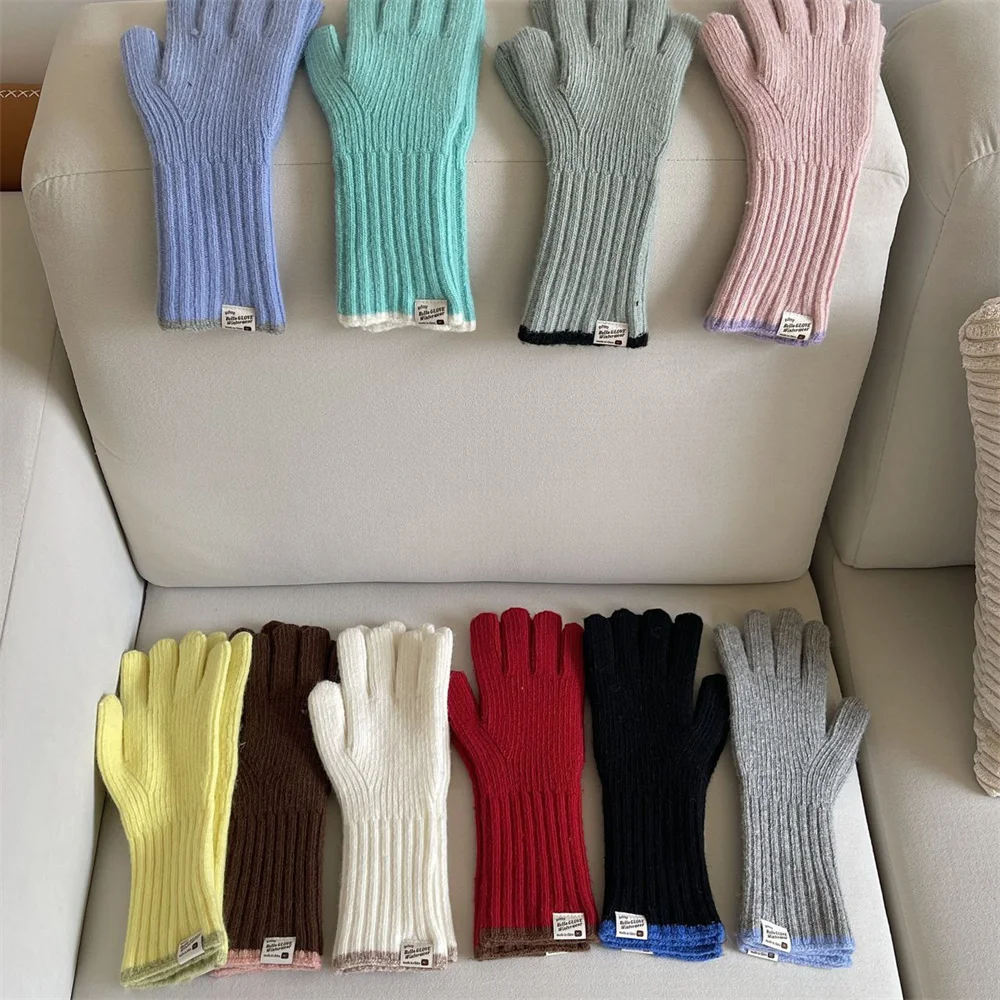 Guantes de punto de color caramelo que pueden tocar la pantalla, lindos guantes de lana para estudiantes con dedos de rocío a prueba de frío para montar en invierno, 27x9CM